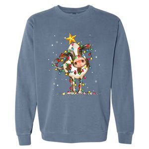 Cow Reindeer Hat Santa Christmas Lights Funny Cow Christmas Garment-Dyed Sweatshirt