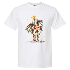 Cow Reindeer Hat Santa Christmas Lights Funny Cow Christmas Garment-Dyed Heavyweight T-Shirt