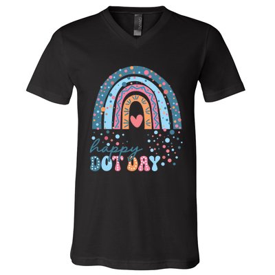 Cute Rainbow Happy Dot Day Teacher V-Neck T-Shirt