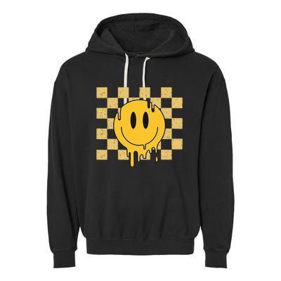 Cute Retro Happy Face Checkered Pattern Yellow Melting Face Garment-Dyed Fleece Hoodie