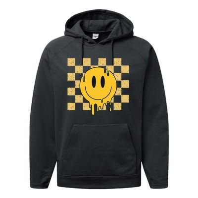 Cute Retro Happy Face Checkered Pattern Yellow Melting Face Performance Fleece Hoodie