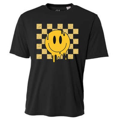 Cute Retro Happy Face Checkered Pattern Yellow Melting Face Cooling Performance Crew T-Shirt