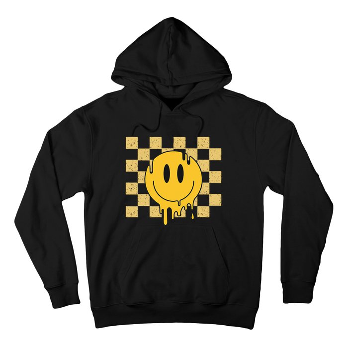 Cute Retro Happy Face Checkered Pattern Yellow Melting Face Hoodie