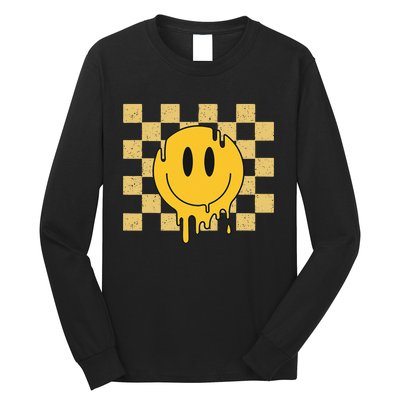 Cute Retro Happy Face Checkered Pattern Yellow Melting Face Long Sleeve Shirt