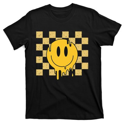 Cute Retro Happy Face Checkered Pattern Yellow Melting Face T-Shirt