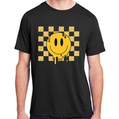 Cute Retro Happy Face Checkered Pattern Yellow Melting Face Adult ChromaSoft Performance T-Shirt