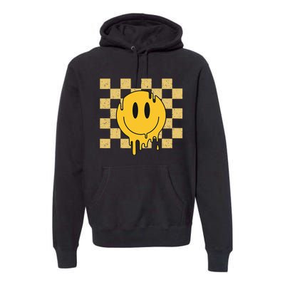 Cute Retro Happy Face Checkered Pattern Yellow Melting Face Premium Hoodie