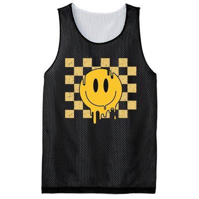 Cute Retro Happy Face Checkered Pattern Yellow Melting Face Mesh Reversible Basketball Jersey Tank