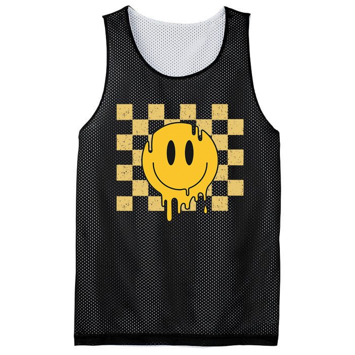 Cute Retro Happy Face Checkered Pattern Yellow Melting Face Mesh Reversible Basketball Jersey Tank