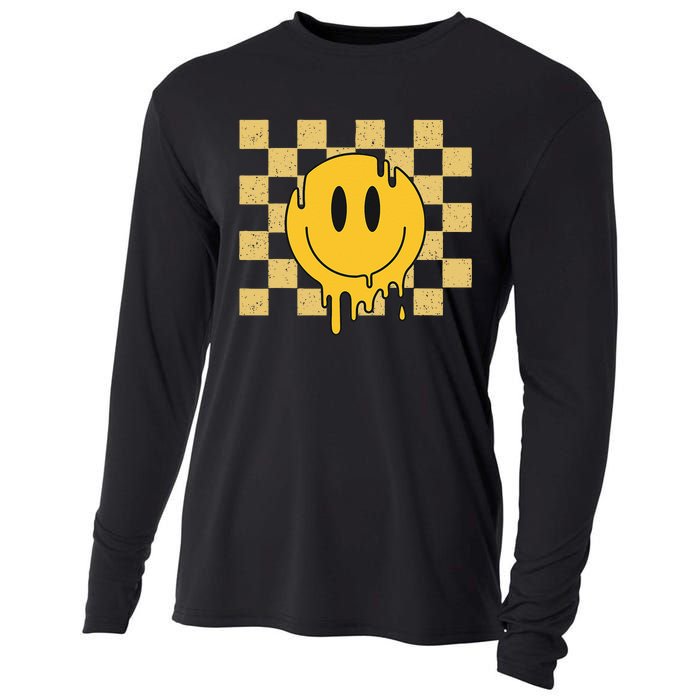 Cute Retro Happy Face Checkered Pattern Yellow Melting Face Cooling Performance Long Sleeve Crew