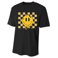 Cute Retro Happy Face Checkered Pattern Yellow Melting Face Performance Sprint T-Shirt