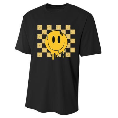 Cute Retro Happy Face Checkered Pattern Yellow Melting Face Performance Sprint T-Shirt