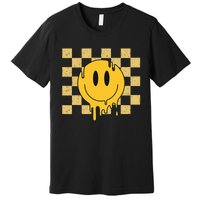 Cute Retro Happy Face Checkered Pattern Yellow Melting Face Premium T-Shirt