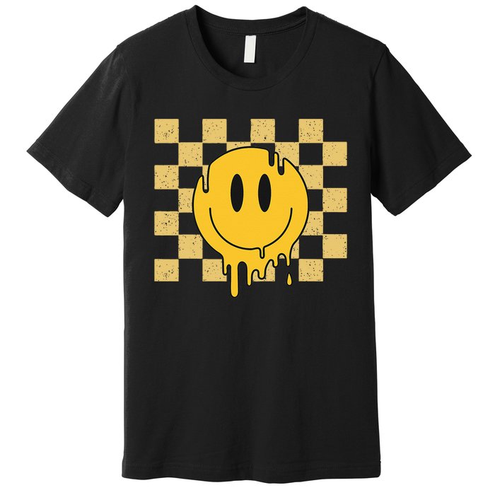 Cute Retro Happy Face Checkered Pattern Yellow Melting Face Premium T-Shirt