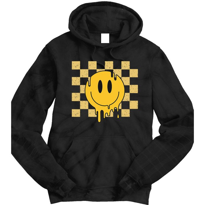 Cute Retro Happy Face Checkered Pattern Yellow Melting Face Tie Dye Hoodie