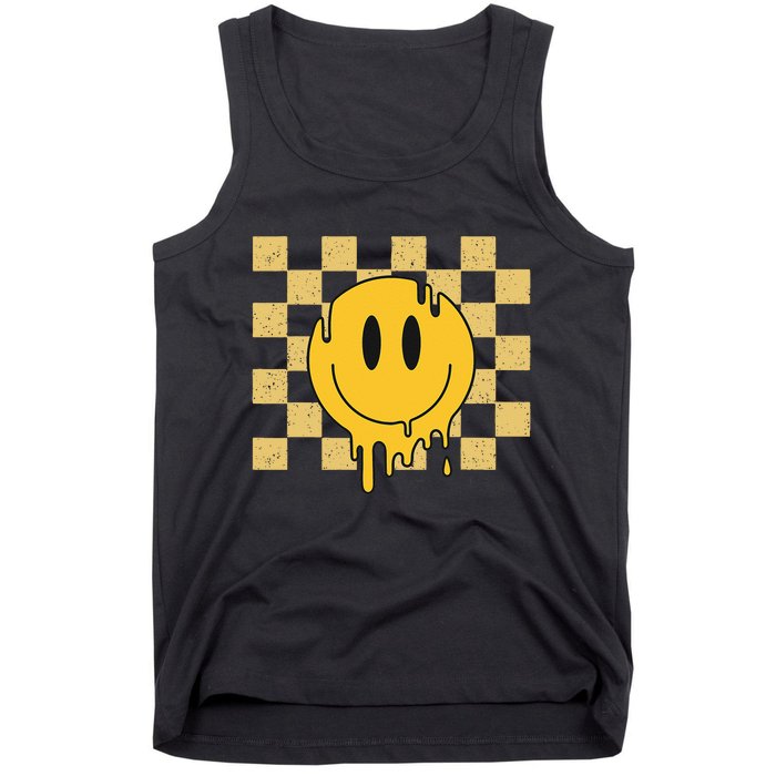 Cute Retro Happy Face Checkered Pattern Yellow Melting Face Tank Top