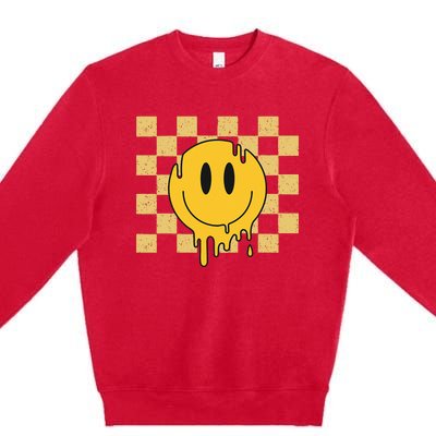 Cute Retro Happy Face Checkered Pattern Yellow Melting Face Premium Crewneck Sweatshirt