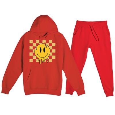 Cute Retro Happy Face Checkered Pattern Yellow Melting Face Premium Hooded Sweatsuit Set