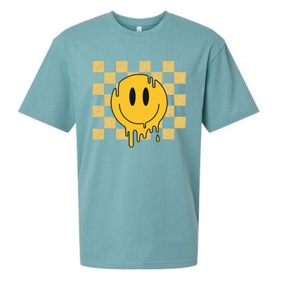 Cute Retro Happy Face Checkered Pattern Yellow Melting Face Sueded Cloud Jersey T-Shirt