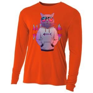 Cool Retro Hipster Hip Hop Music Cat Cooling Performance Long Sleeve Crew