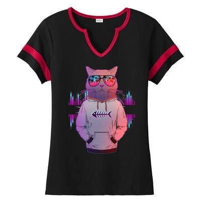 Cool Retro Hipster Hip Hop Music Cat Ladies Halftime Notch Neck Tee