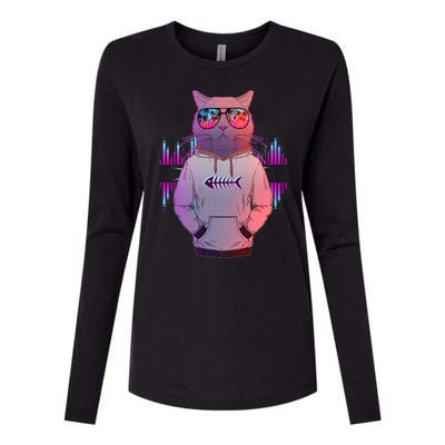 Cool Retro Hipster Hip Hop Music Cat Womens Cotton Relaxed Long Sleeve T-Shirt