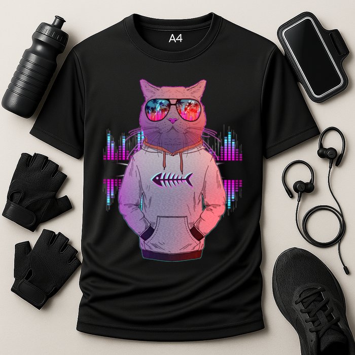 Cool Retro Hipster Hip Hop Music Cat Cooling Performance Crew T-Shirt