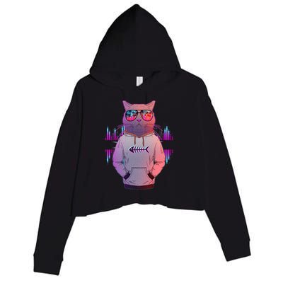 Cool Retro Hipster Hip Hop Music Cat Crop Fleece Hoodie