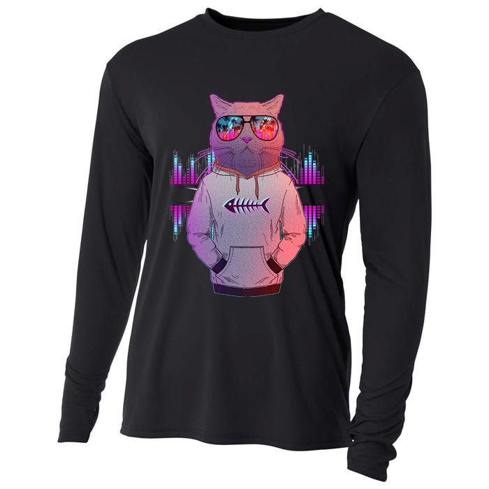 Cool Retro Hipster Hip Hop Music Cat Cooling Performance Long Sleeve Crew