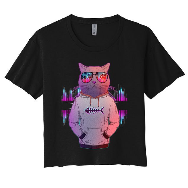 Cool Retro Hipster Hip Hop Music Cat Crop Top