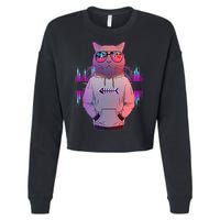 Cool Retro Hipster Hip Hop Music Cat Cropped Pullover Crew