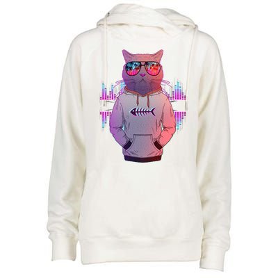 Cool Retro Hipster Hip Hop Music Cat Womens Funnel Neck Pullover Hood