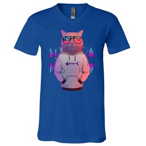 Cool Retro Hipster Hip Hop Music Cat V-Neck T-Shirt