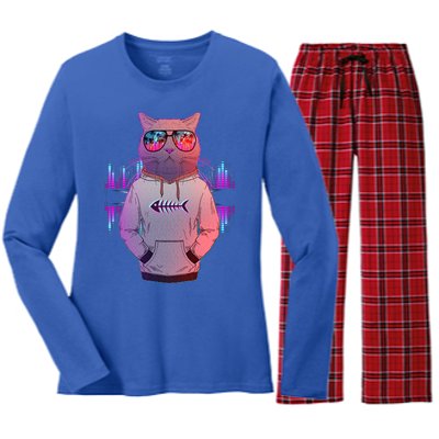 Cool Retro Hipster Hip Hop Music Cat Women's Long Sleeve Flannel Pajama Set 