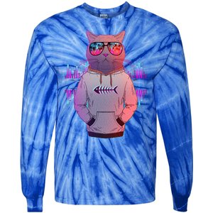 Cool Retro Hipster Hip Hop Music Cat Tie-Dye Long Sleeve Shirt