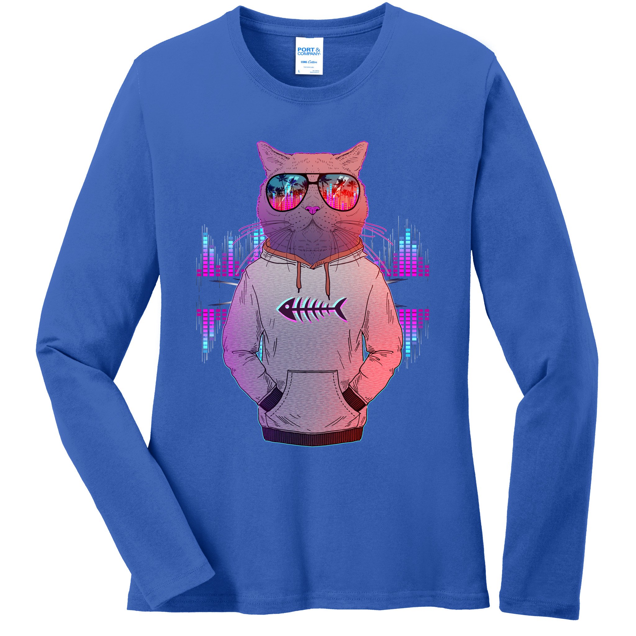 Cool Retro Hipster Hip Hop Music Cat Ladies Long Sleeve Shirt