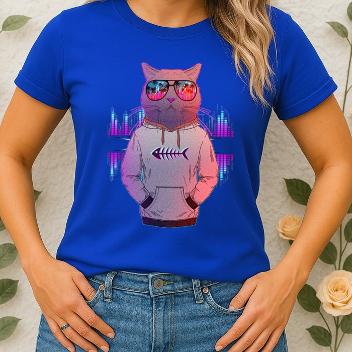 Cool Retro Hipster Hip Hop Music Cat Womens T-Shirt