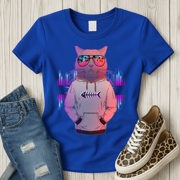 Cool Retro Hipster Hip Hop Music Cat Womens T-Shirt