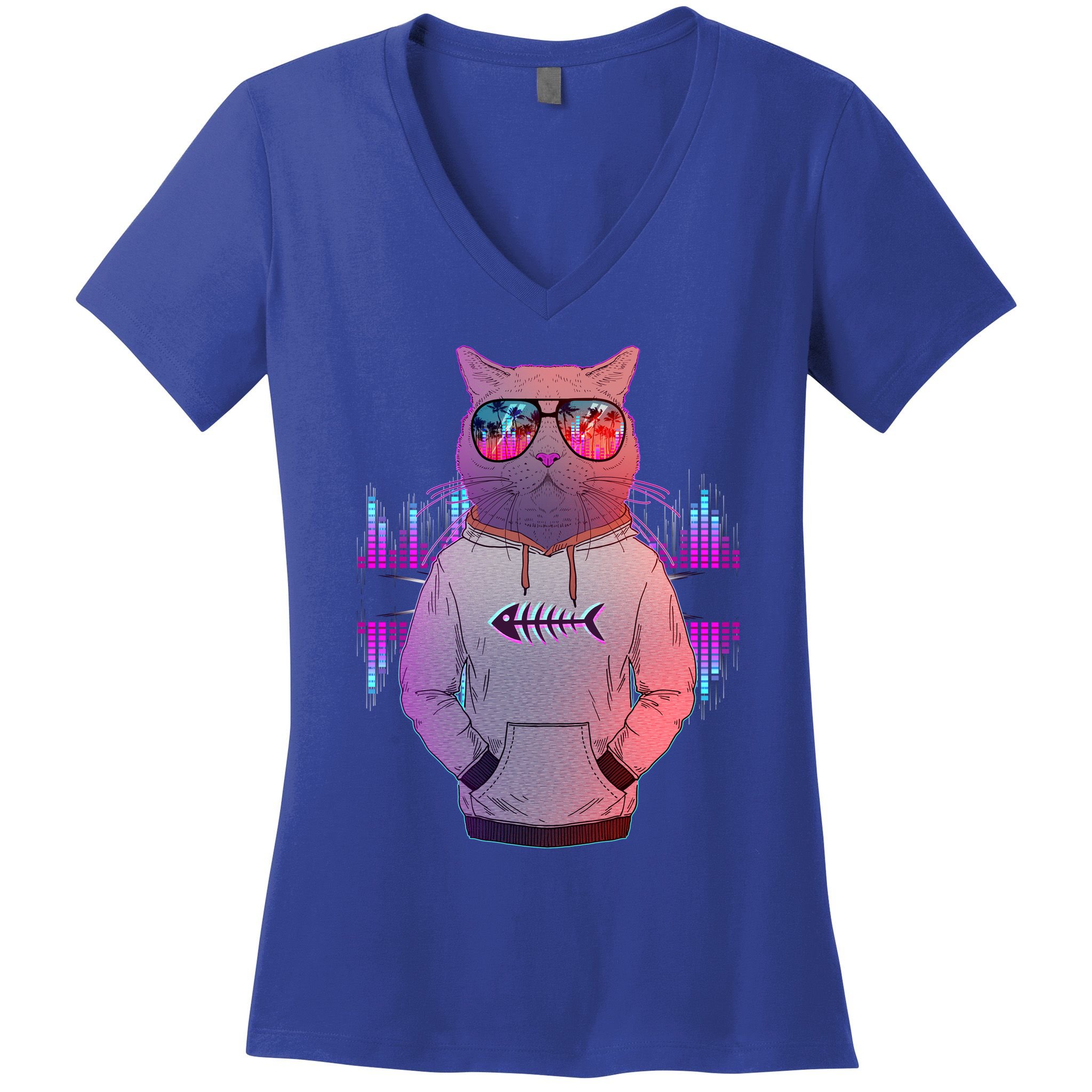 Cool Retro Hipster Hip Hop Music Cat Women's V-Neck T-Shirt