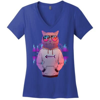 Cool Retro Hipster Hip Hop Music Cat Women's V-Neck T-Shirt