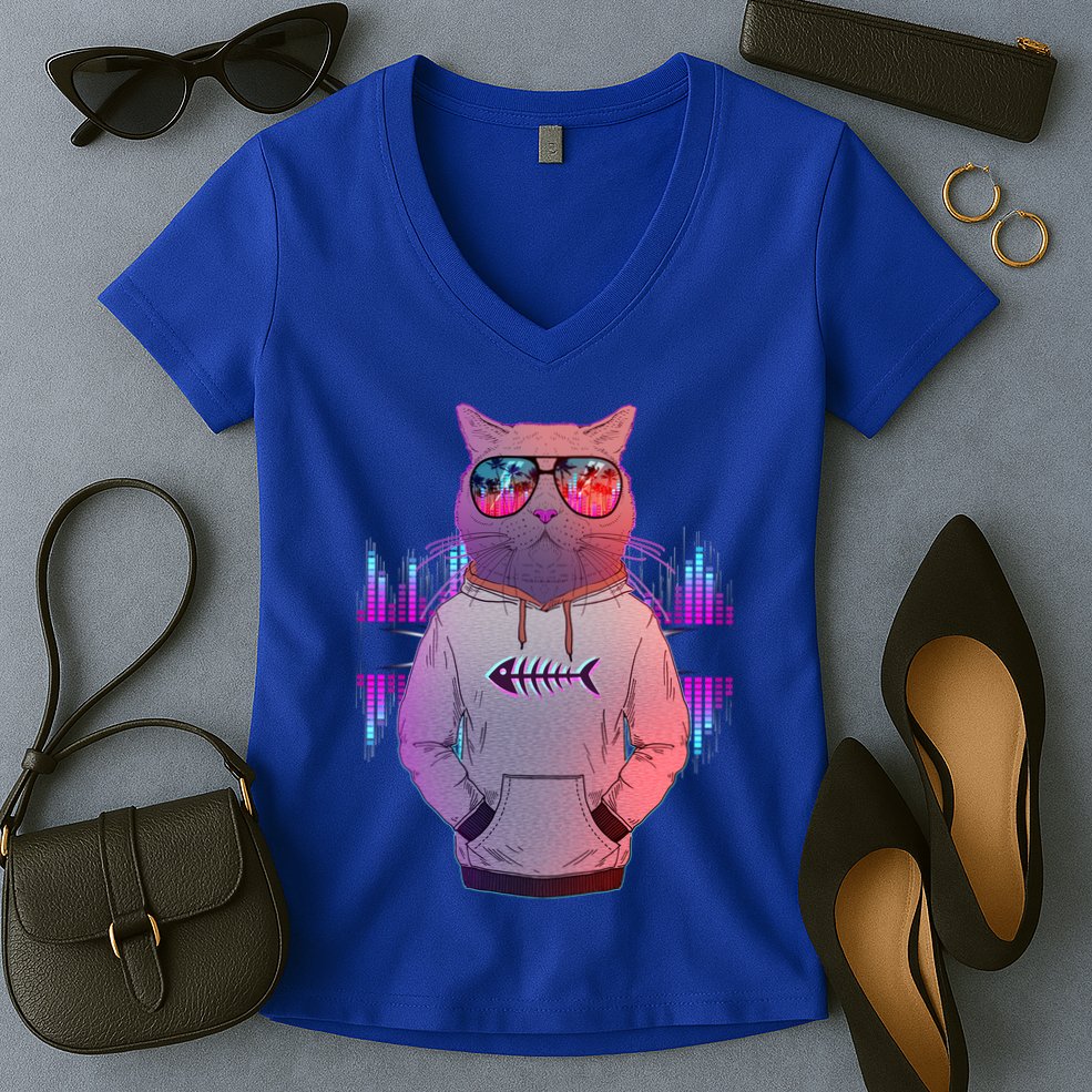 Cool Retro Hipster Hip Hop Music Cat Women's V-Neck T-Shirt