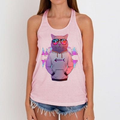 Cool Retro Hipster Hip Hop Music Cat Women's Knotted Racerback Tank