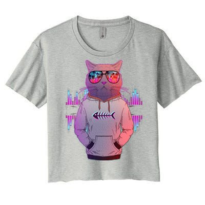 Cool Retro Hipster Hip Hop Music Cat Women's Crop Top Tee