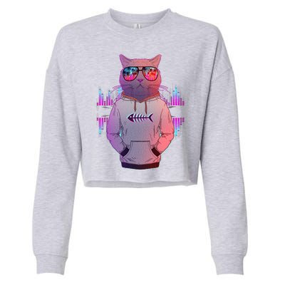 Cool Retro Hipster Hip Hop Music Cat Cropped Pullover Crew