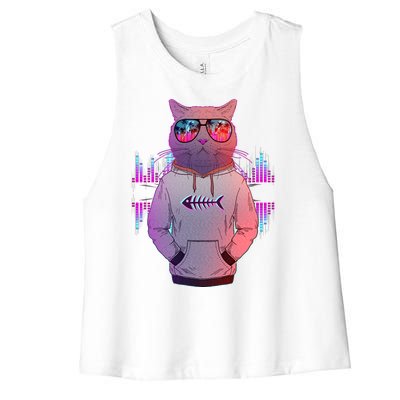 Cool Retro Hipster Hip Hop Music Cat Women's Racerback Cropped Tank