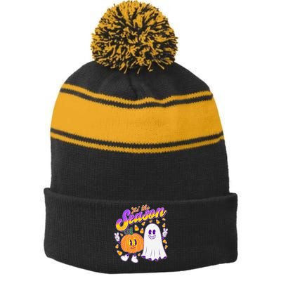 Cute Retro Halloween Tis The Season Stripe Pom Pom Beanie