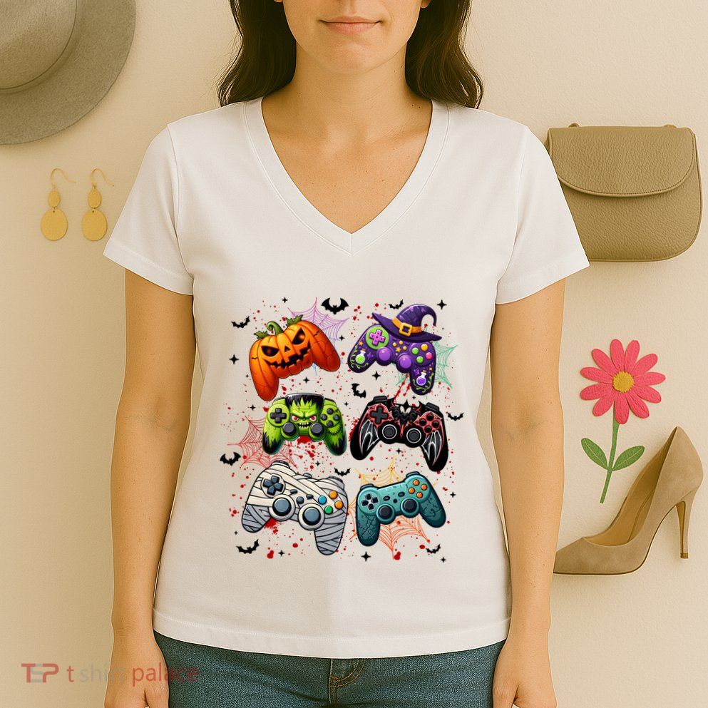 Cool Retro Halloween Gaming Controllers Women's V-Neck T-Shirt