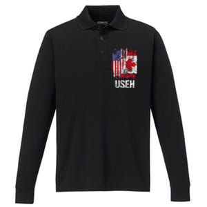 Canadian Roots Half Canadian American Useh Canada Usa Flag Performance Long Sleeve Polo