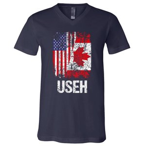 Canadian Roots Half Canadian American Useh Canada Usa Flag V-Neck T-Shirt