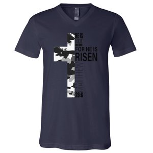 Cool Religious He Is Risen Christian Easter Verse Camo Cross V-Neck T-Shirt